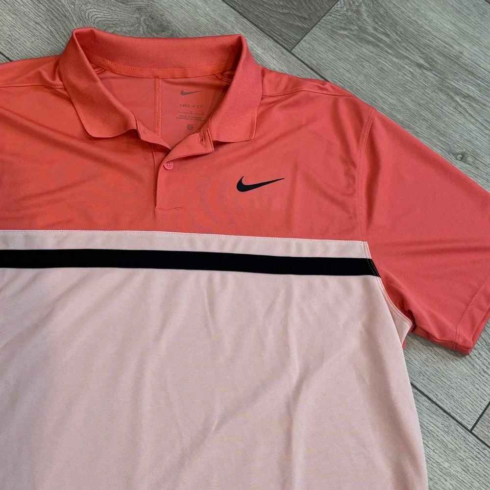 Nike Polo Shirt Mens Large Pink Coral Colorblock Dri-FIT Golf Preppy Casual